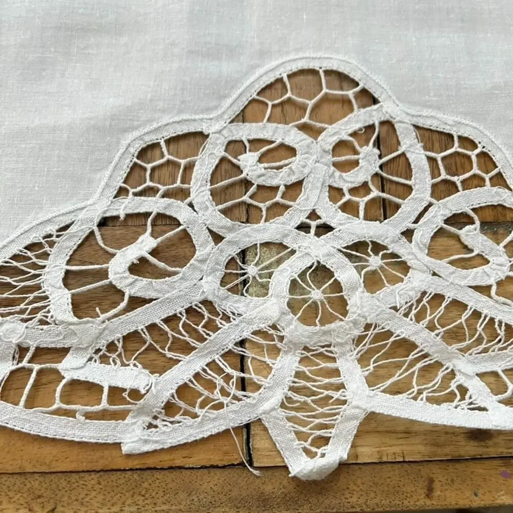 Vintage White Battenburg Lace Cotton Applique Cutwork Embroidery Flat Full Sheet
